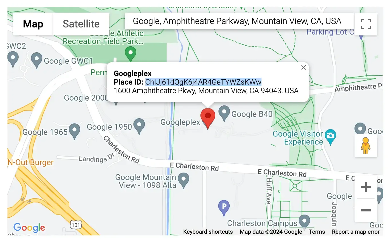 Place ID Finder do Google mostrando o marcador de ID de um negócio selecionado