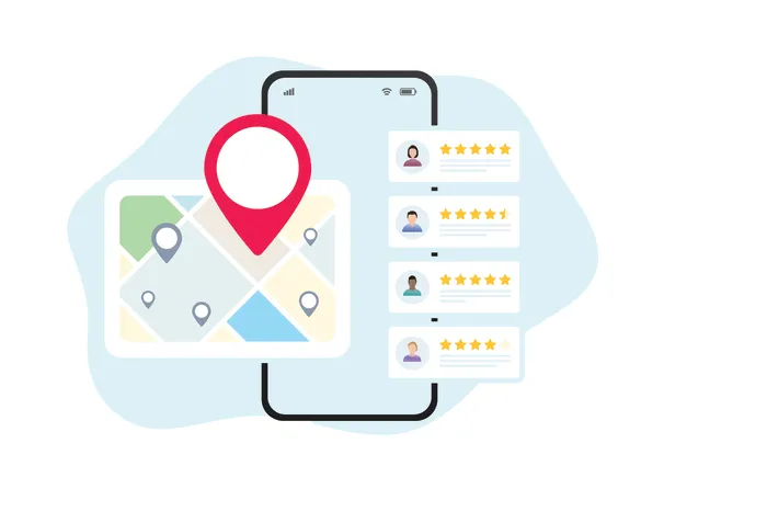 Un pin de ubicación sobre un mapa de ciudad junto a un teléfono con una lista de reseñas de clientes con calificación por estrellas