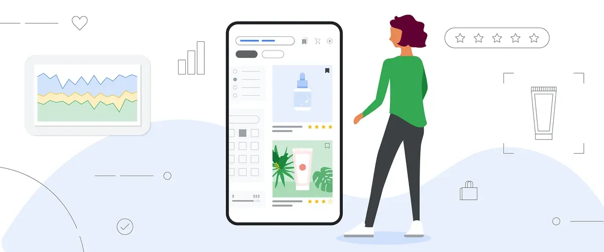 Comprador navegando productos con calificación de estrellas en un teléfono, rodeado de elementos de búsqueda, valoraciones y analítica