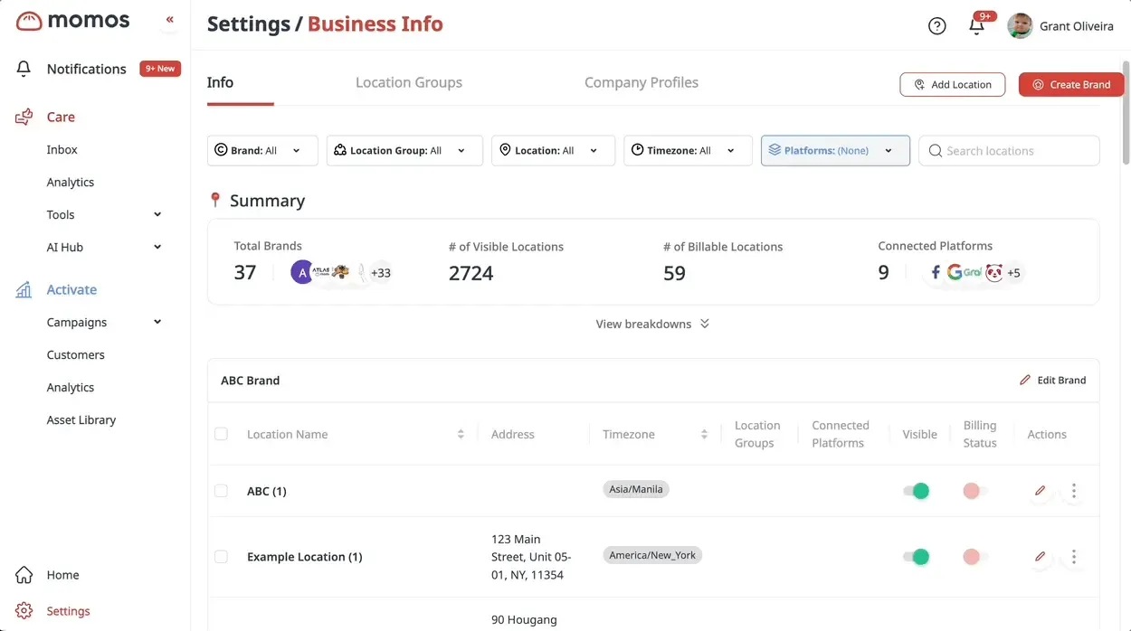 Captura de pantalla de la interfaz de Momos mostrando la configuración de información empresarial