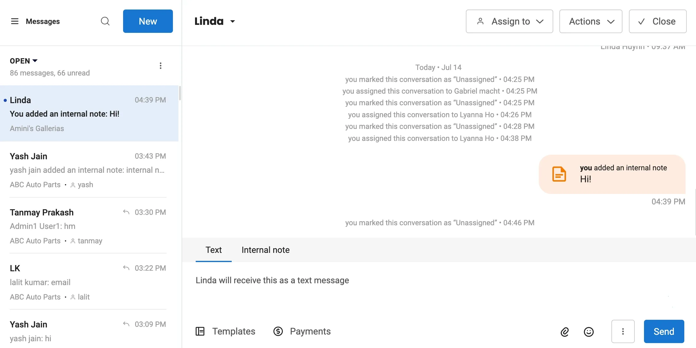 Inbox de mensagens da Birdeye com histórico de atribuição, nota interna e abas de resposta