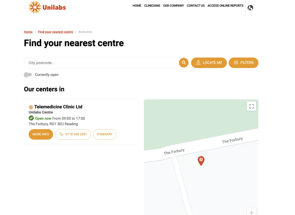 Localizador de tiendas creado con Partoo, que permite a los visitantes encontrar su centro Unilabs más cercano con horarios e indicaciones
