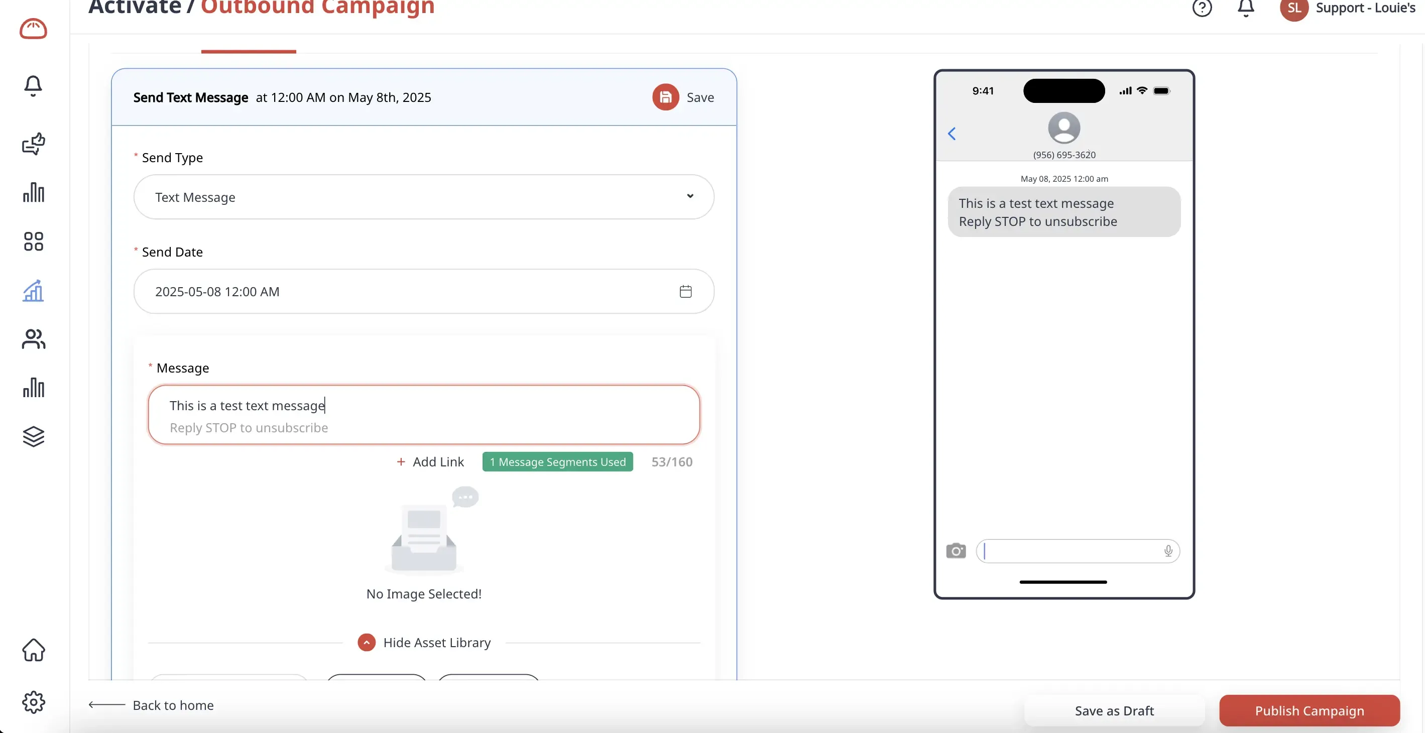 Captura de pantalla del creador de campañas de Momos para mensajería a clientes