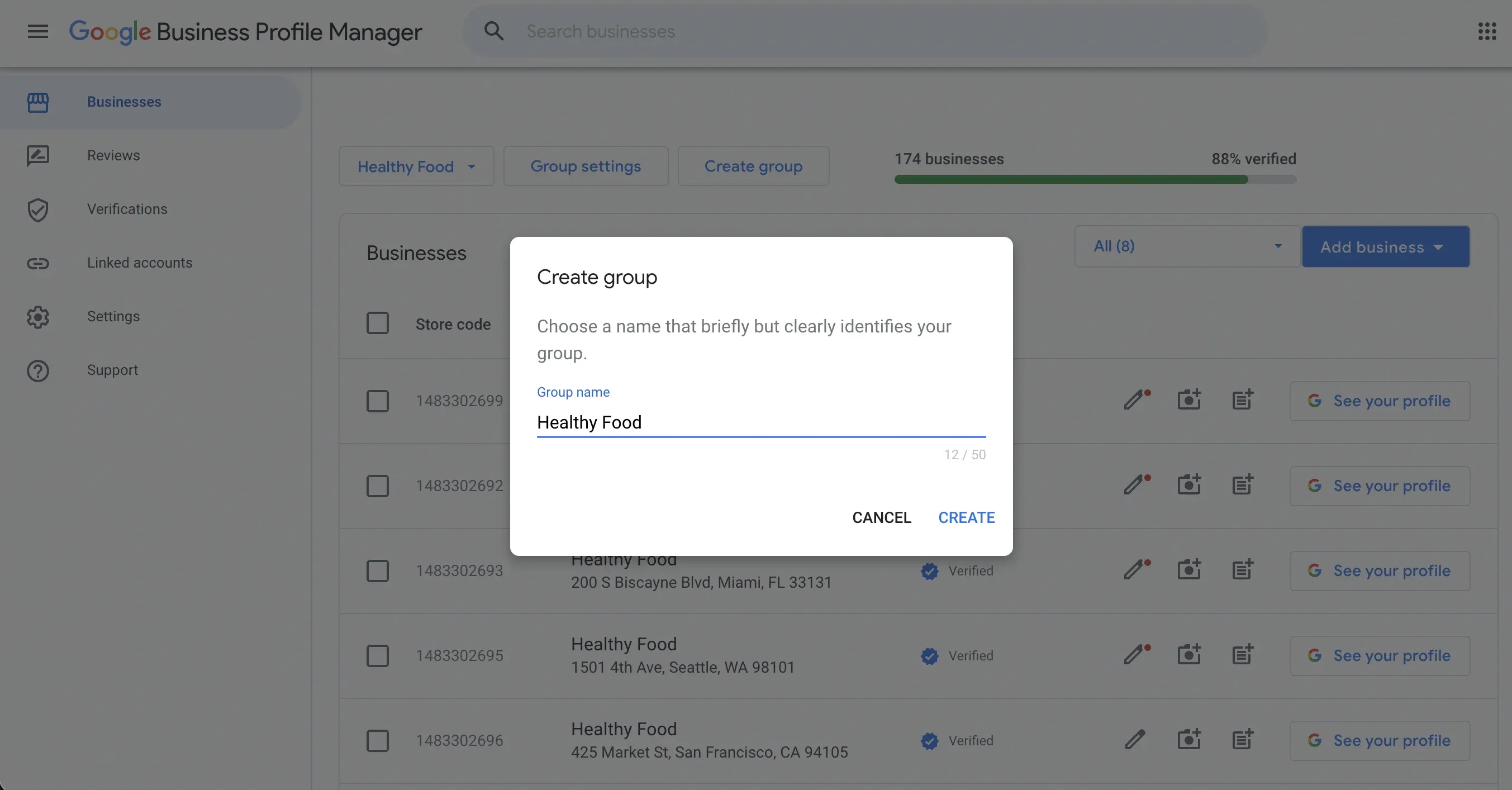Cuadro de diálogo de Google Business Profile Manager para crear un grupo de empresas.