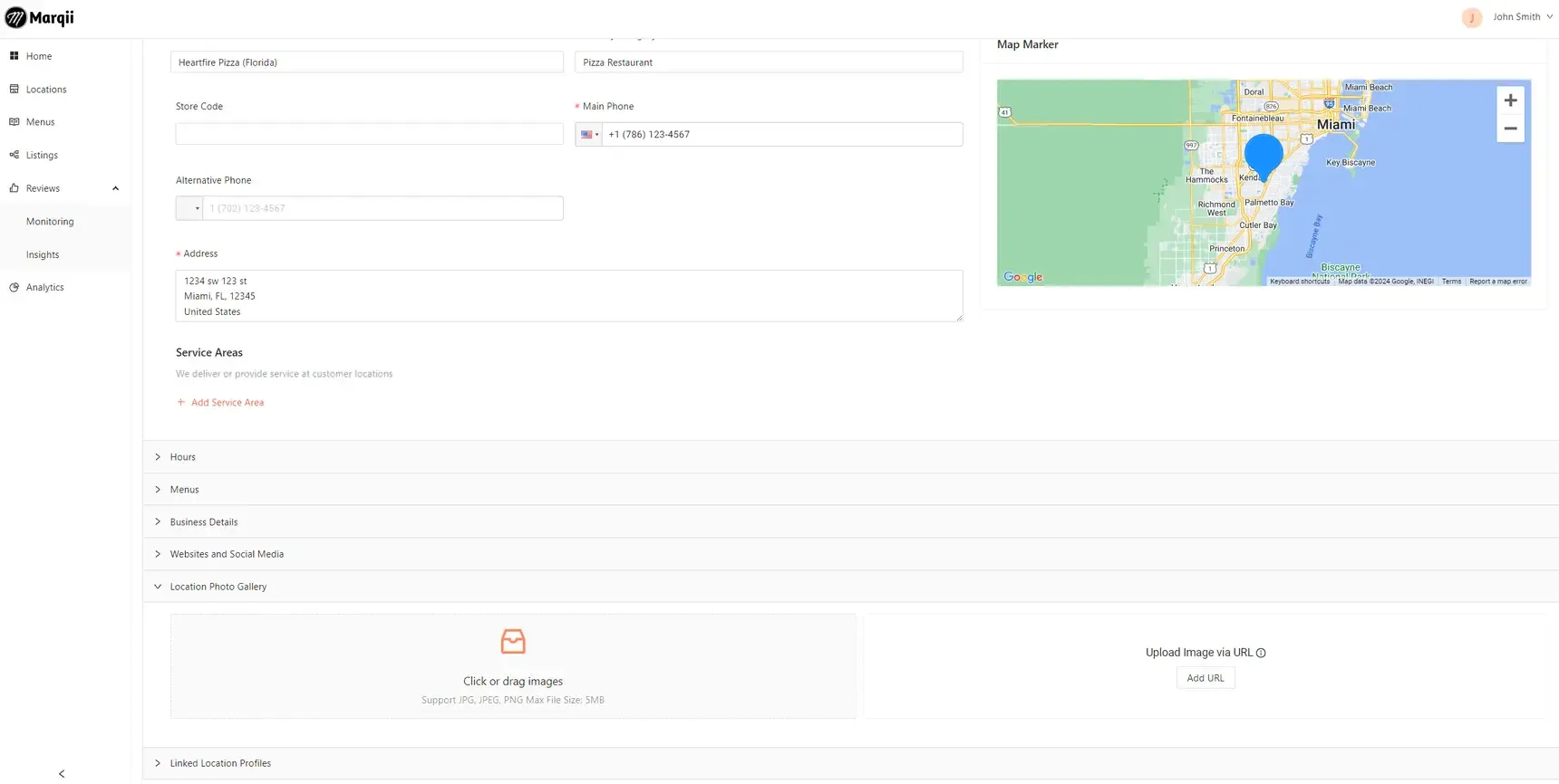 Captura de pantalla de la plataforma Marqii mostrando la configuración de información empresarial