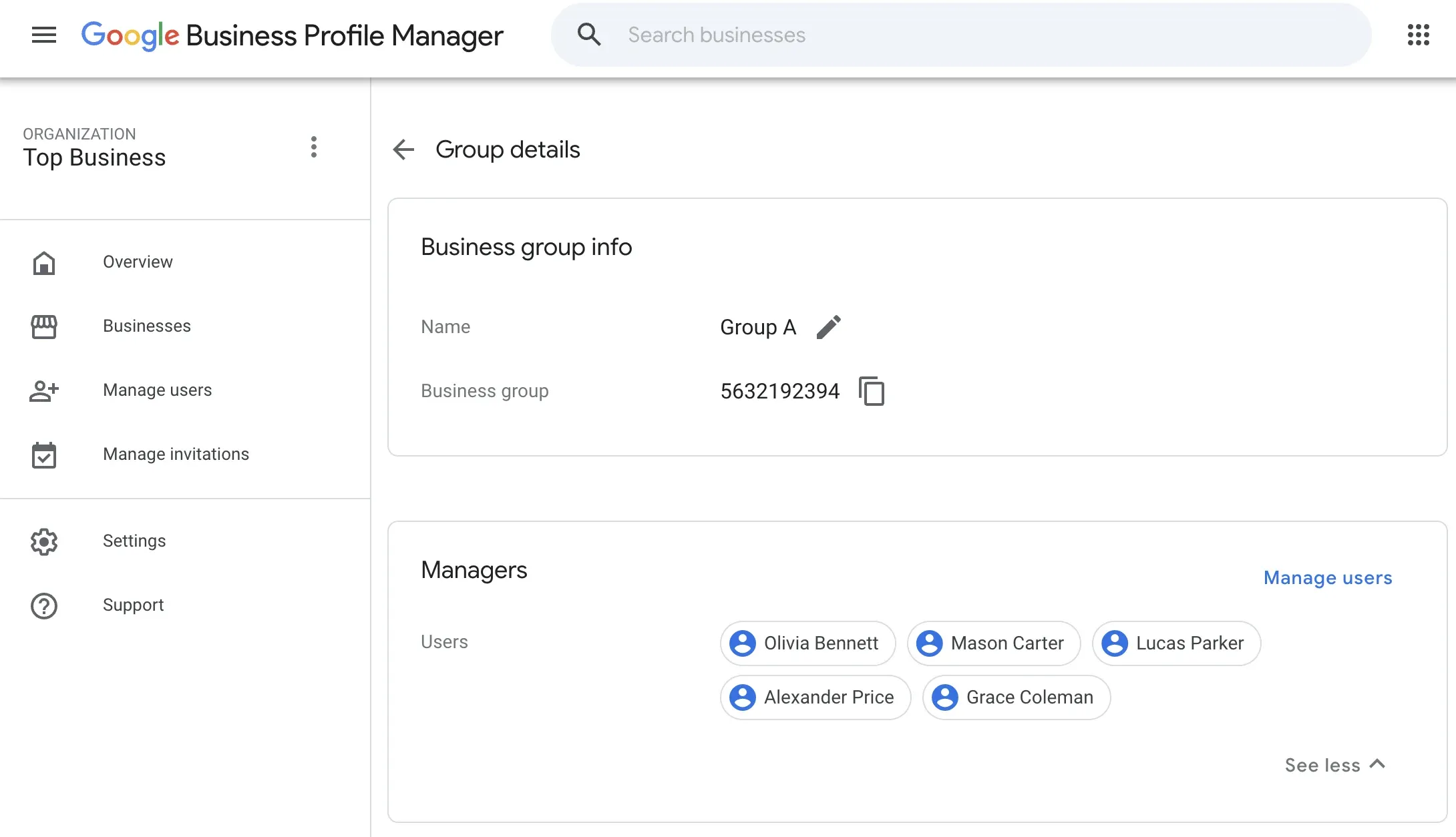 Página de detalles de grupo de Google Business Profile Manager que muestra la información del grupo y la lista de administradores.