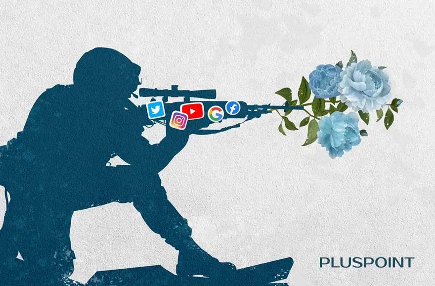 Un francotirador apuntando con un rifle marcado con los logotipos de Twitter, Instagram, YouTube, Google y Facebook, disparando flores