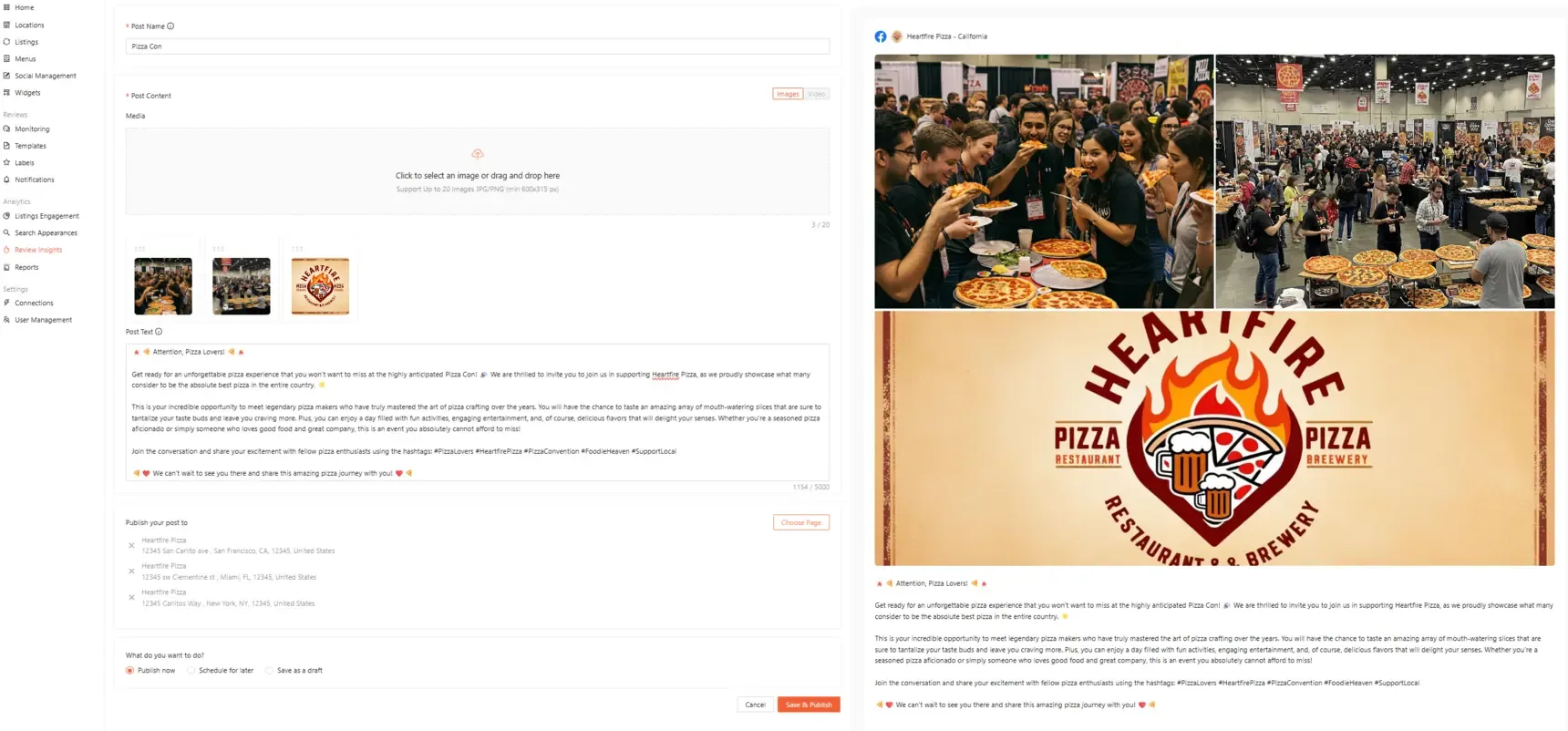 Captura de pantalla de la interfaz de publicaciones sociales de Marqii con opciones de publicación en Facebook