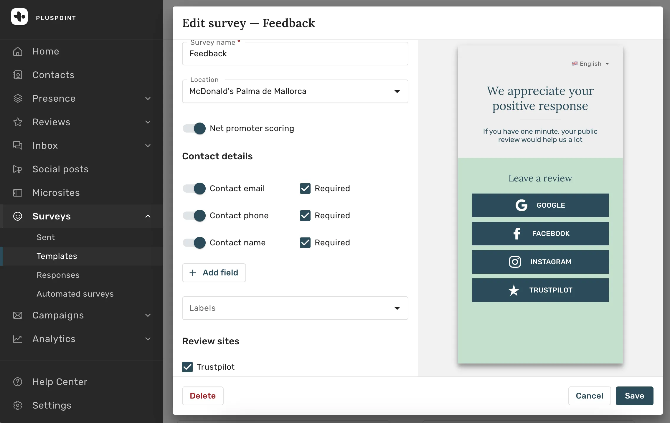 Editor de pesquisa da Pluspoint com NPS e prévia direcionando clientes satisfeitos para Google, Facebook ou Trustpilot