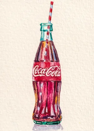 Ilustración en acuarela de una clásica botella de vidrio de Coca-Cola con una pajita de rayas rojas y blancas