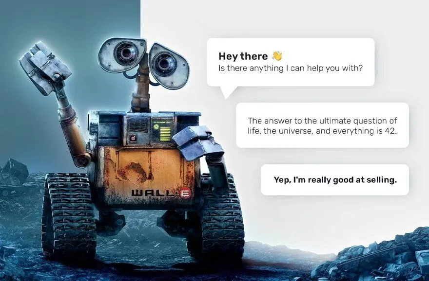 Un robot amigable respondiendo preguntas de clientes en burbujas de chat, que ilustra un chatbot de negocio