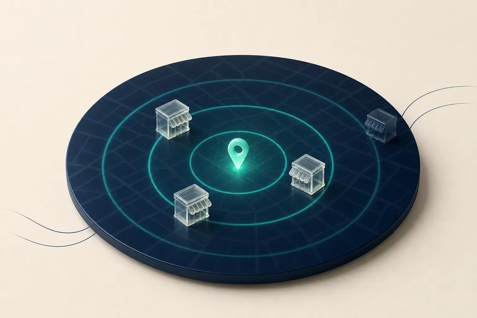 Disco de mapa com anéis de distância ao redor de um pin aceso: três fachadas iluminadas dentro dos anéis e uma quarta fora deles, apagada
