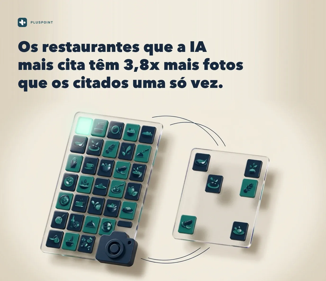 Dois cartões de perfil em vidro fosco sobre fundo creme: o da esquerda coberto de miniaturas de fotos, o da direita quase vazio, com a legenda 3,8x mais fotos nos perfis que a IA mais cita