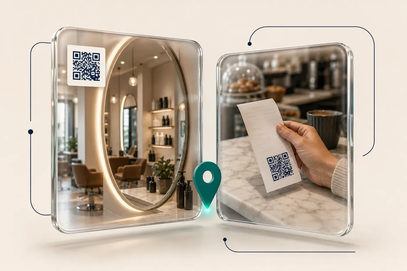 Exemplos de QR code de avaliação do Google em contextos reais: adesivo no espelho de um salão e recibo de um café