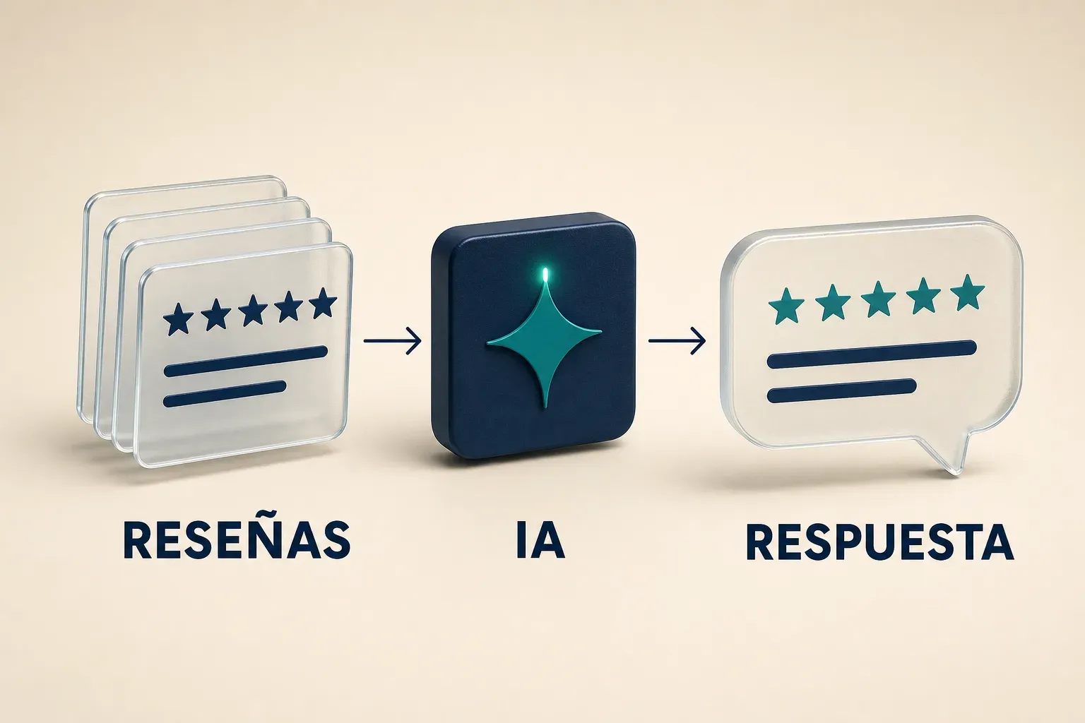 Tarjetas de reseña de cristal atravesando un chip de IA hasta un bocadillo de respuesta: cómo el texto de las reseñas se convierte en la sustancia de las recomendaciones de IA