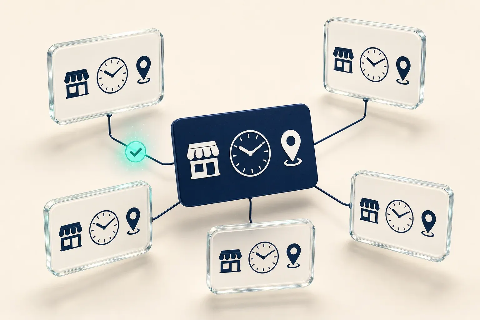 One business card's hours and location mirrored across five directory tiles, with a sync check confirming they agree