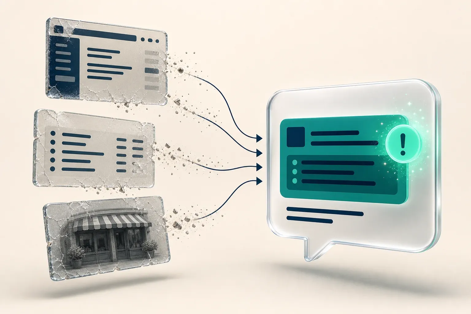 Cracked fragments of an old webpage and menu feeding a bright AI chat bubble that answers with outdated information