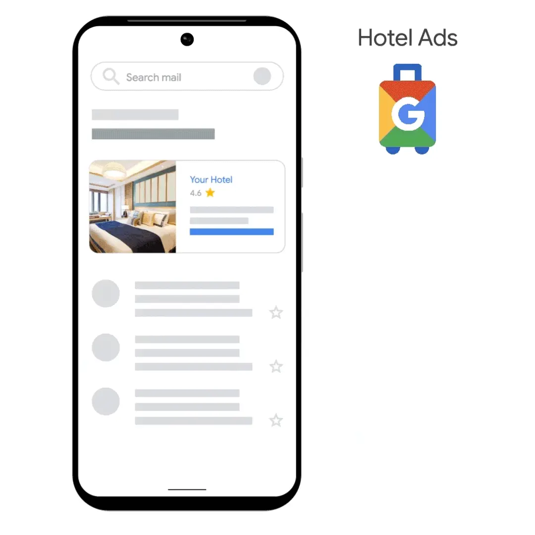 Google Hotel Ads: celular mostrando anúncio de hotel com foto do quarto e classificação de 4,6 estrelas em caixa de correio